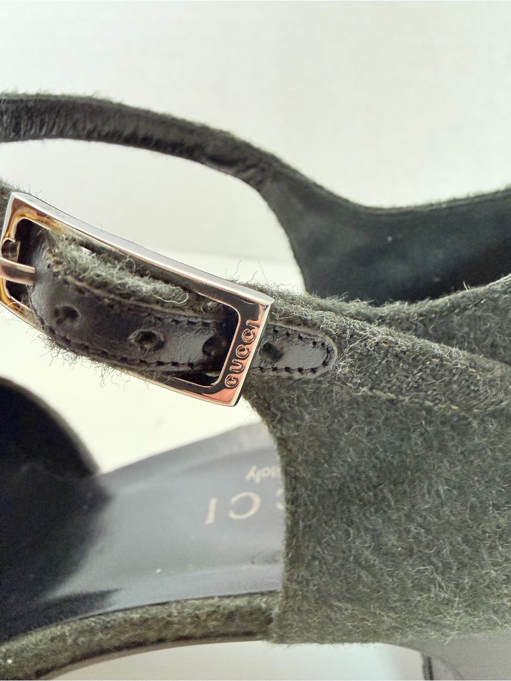 Gucci Mary Jane Pumps Vintage Ankle Strap Block Heel Wool Dark Green Size 38.5C - Picture 12 of 16